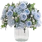 karoro 4 Bunches Artificial Flowers for Decoration Blue Peonies Fake Roses Arrangements Table Centerpiece Faux Flores for Wedding Home Vase Decor