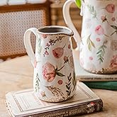 Vintage Fruit and Floral Ceramic Vase with Handle, Retro Ice Glazed Crack Farmhouse Pitcher Vase for Home Decor, Living Room, Shelf, Office, Rustic Table Centerpiece 7 Inch