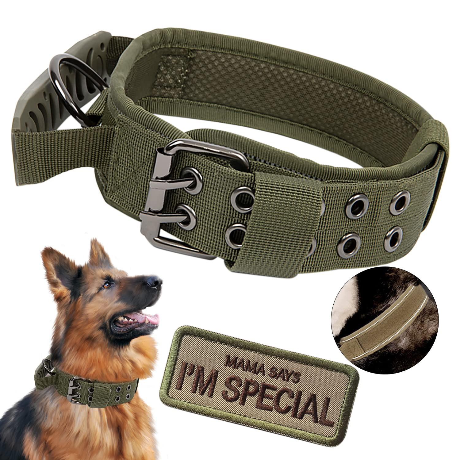 Upgrade Tactical Dog Collar - Militar Nylon Adjustable Training Collar Reflective Dog Collar with Handle and Heavy Duty Metal Buckle for Medium Large Dogs (Green, M)