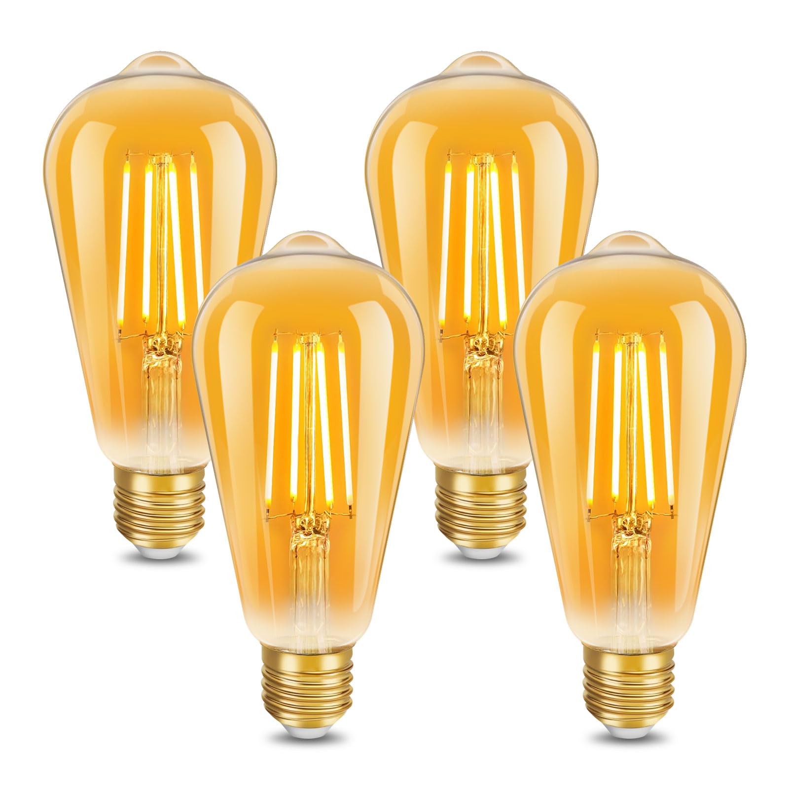 ILEEDear Vintage Edison Light Bulb E27 Edison Screw Bulb ST64, 4W Equivalent to 42W, Retro Amber Glass Screw Lamp, Warm White 2200K, Energy Saving Light Bulbs, Non-dimmable, Pack of 4