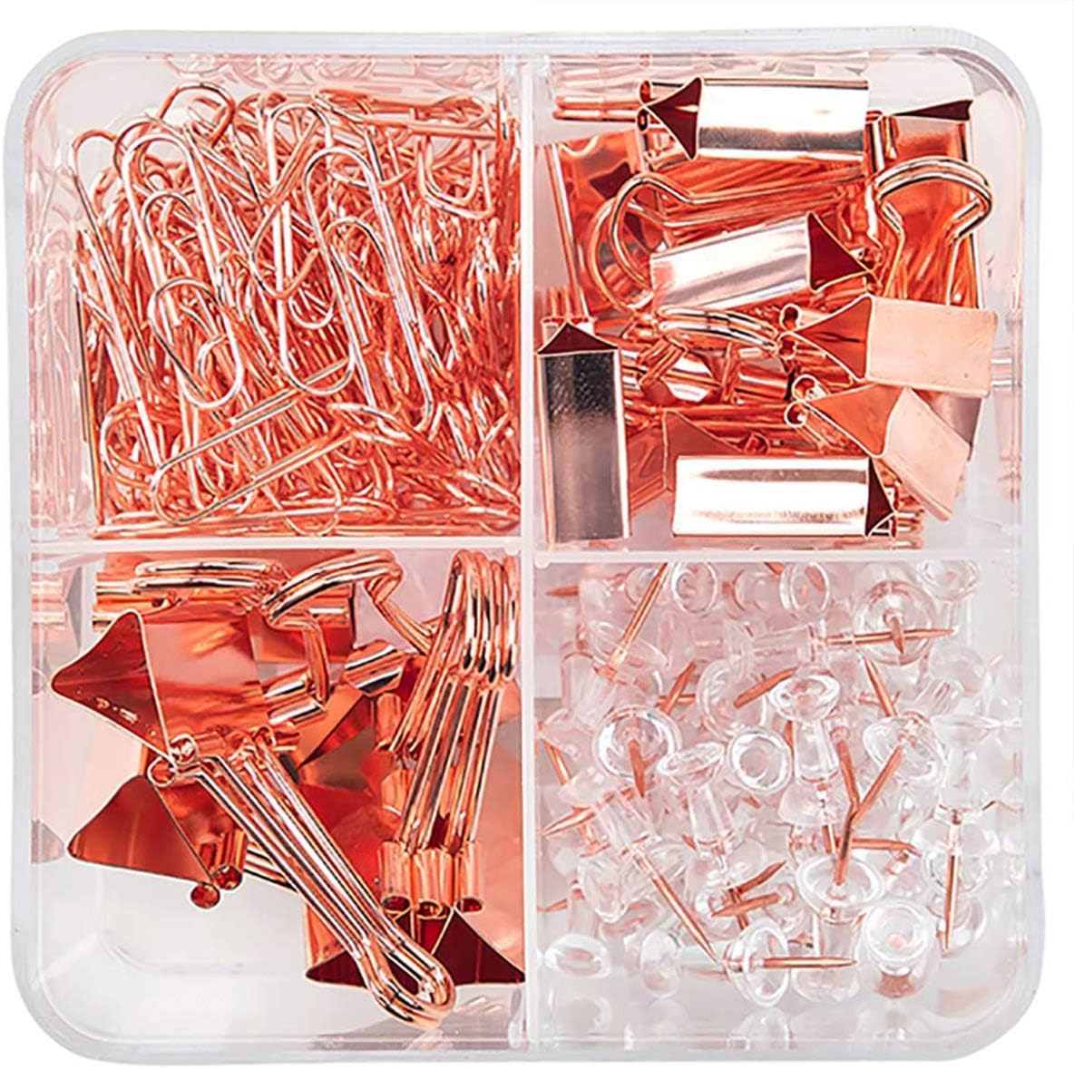 COOLOOK Rose Gold Binder Clips - Binder Clips Paper Clips Push Pins Sets with Box for Office & School and Home Supplies (Rose Gold)