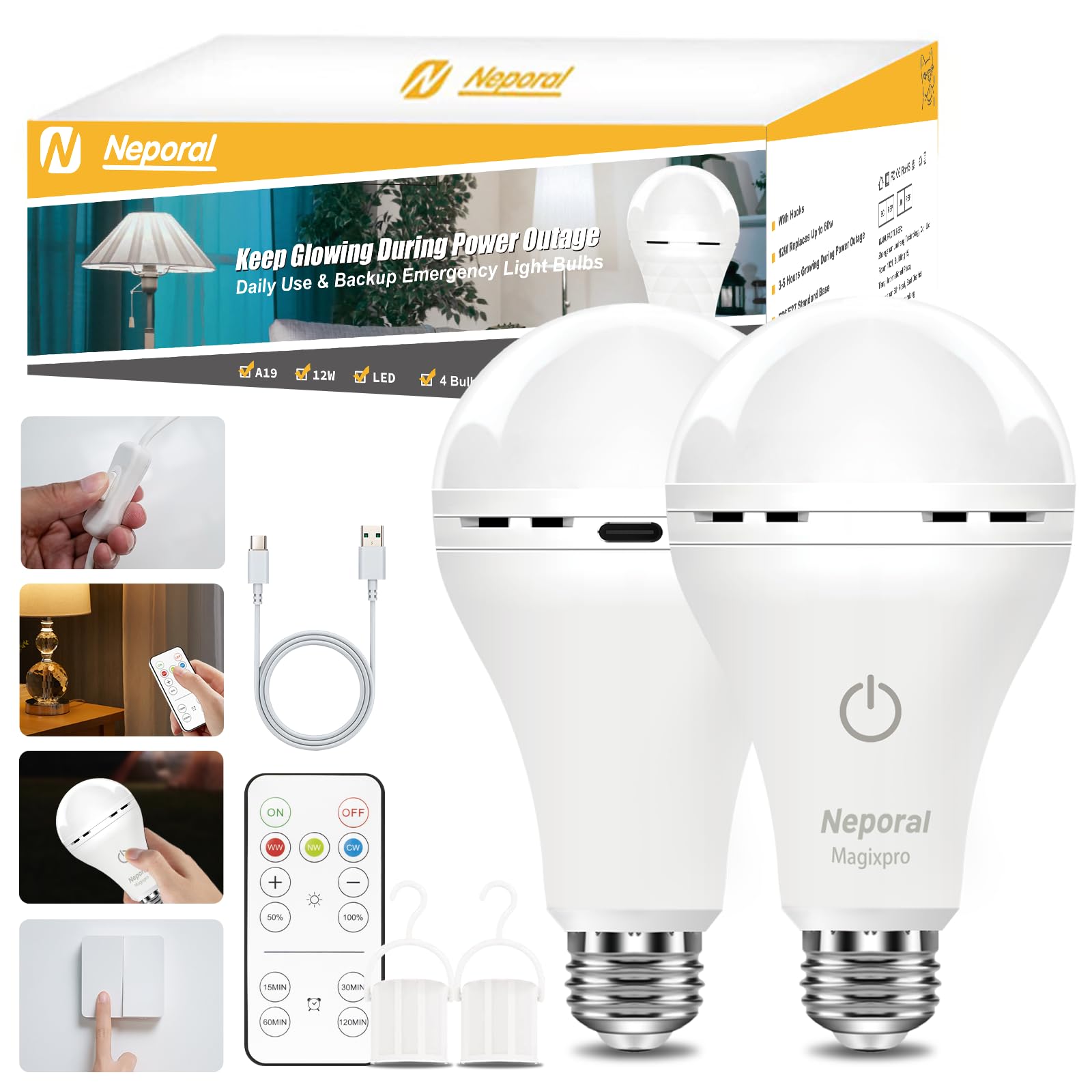 Photo 1 of MagixPro Remote Rechargeable Light Bulbs, USB & Socket Charging, 1800mAh Battery, Dimmable LED Bulb for Hardwired & Non-Wired Lamps Sconces, Touch + Remote Control, Wall Switch Compatible, 2 Pack