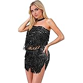 Baisdan Sequin Skirts for Women, Sequin Two Piece Set, Sparkly Skirt for Women, Glitter Fringe Skirt and Top Set, 2Pack
