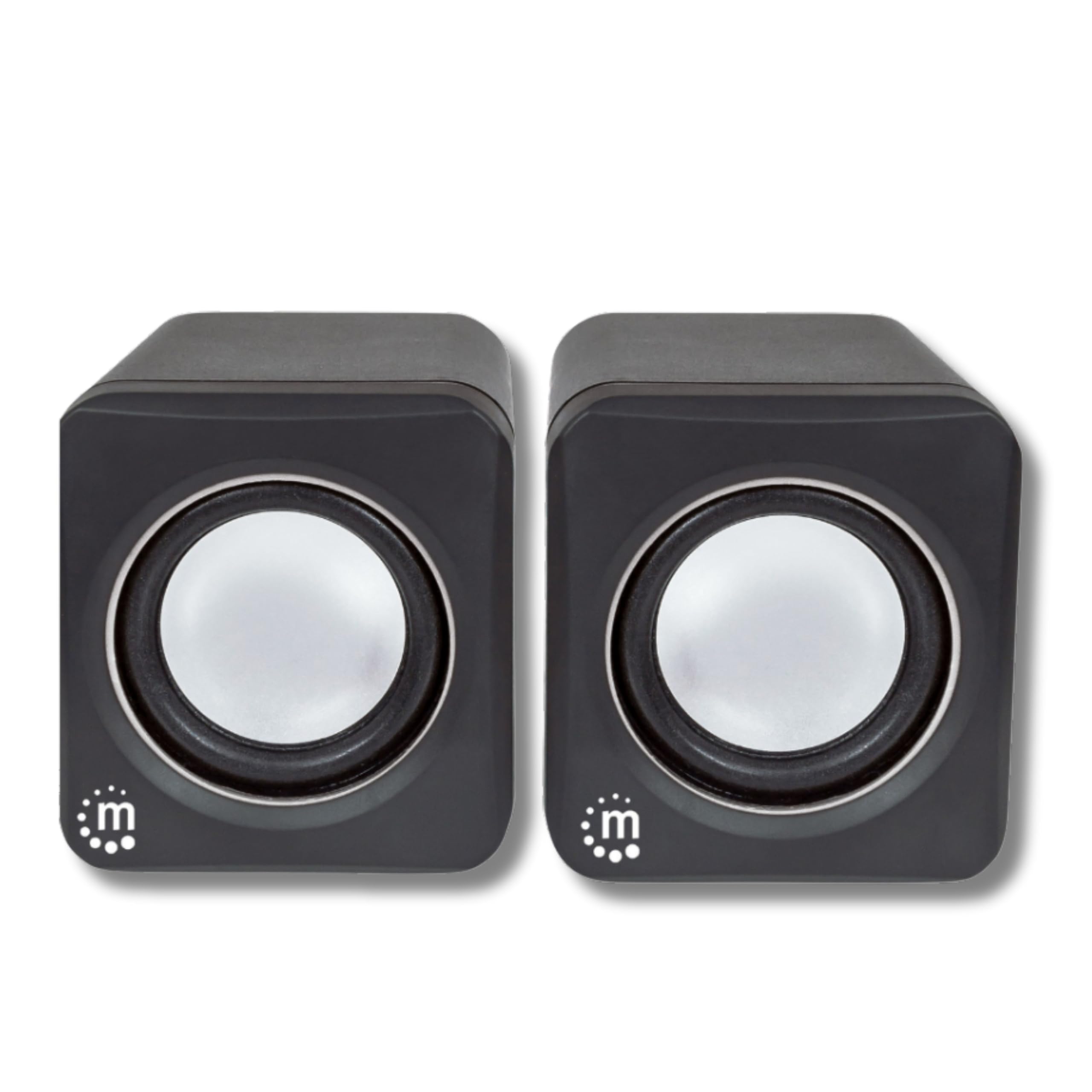 Manhattan 2600 Series Speaker System, Small Size, Big Sound, Two Speakers, Stereo, USB power, Output: 2x 3W, 3.5mm plug for sound, In-Line volume control, Cable 0.9m, Black, Box