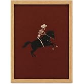 Framed-Skull Cowboy Canvas Wall Art,Vintage Dark Knight Poster Print. Gothic Western Painting Picture,Rodeo Arena Artwork for Bedroom Living Room Wall Decor 12x16in