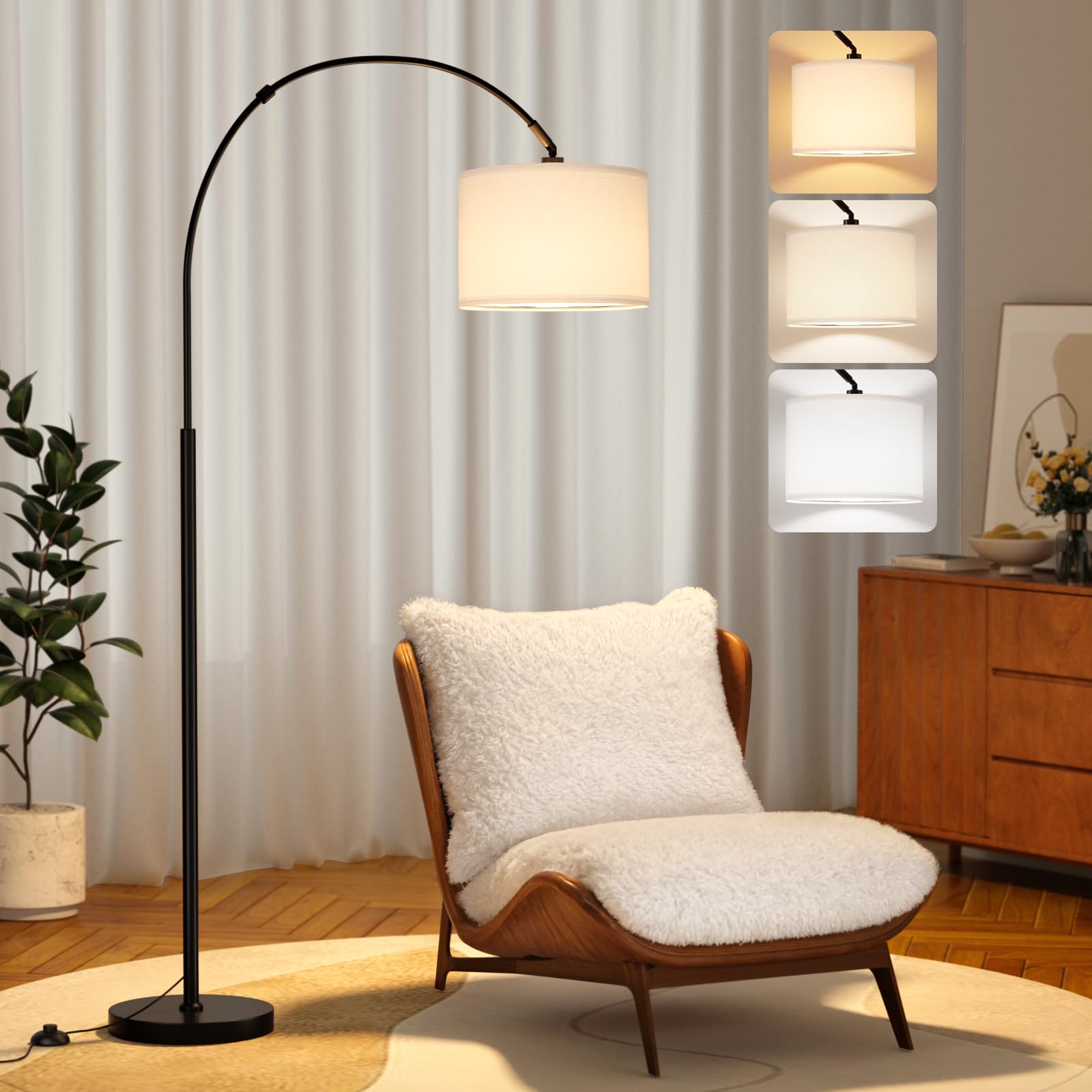 PreeOtti Arc Floor Lamp, White and Black Standing Lamp with Remote Control, Floor Lamp for Living Room with Dimmable 3 Color Temperatures, Tall Lamp Corner Lamp for Bedroom Office, Bulb Included