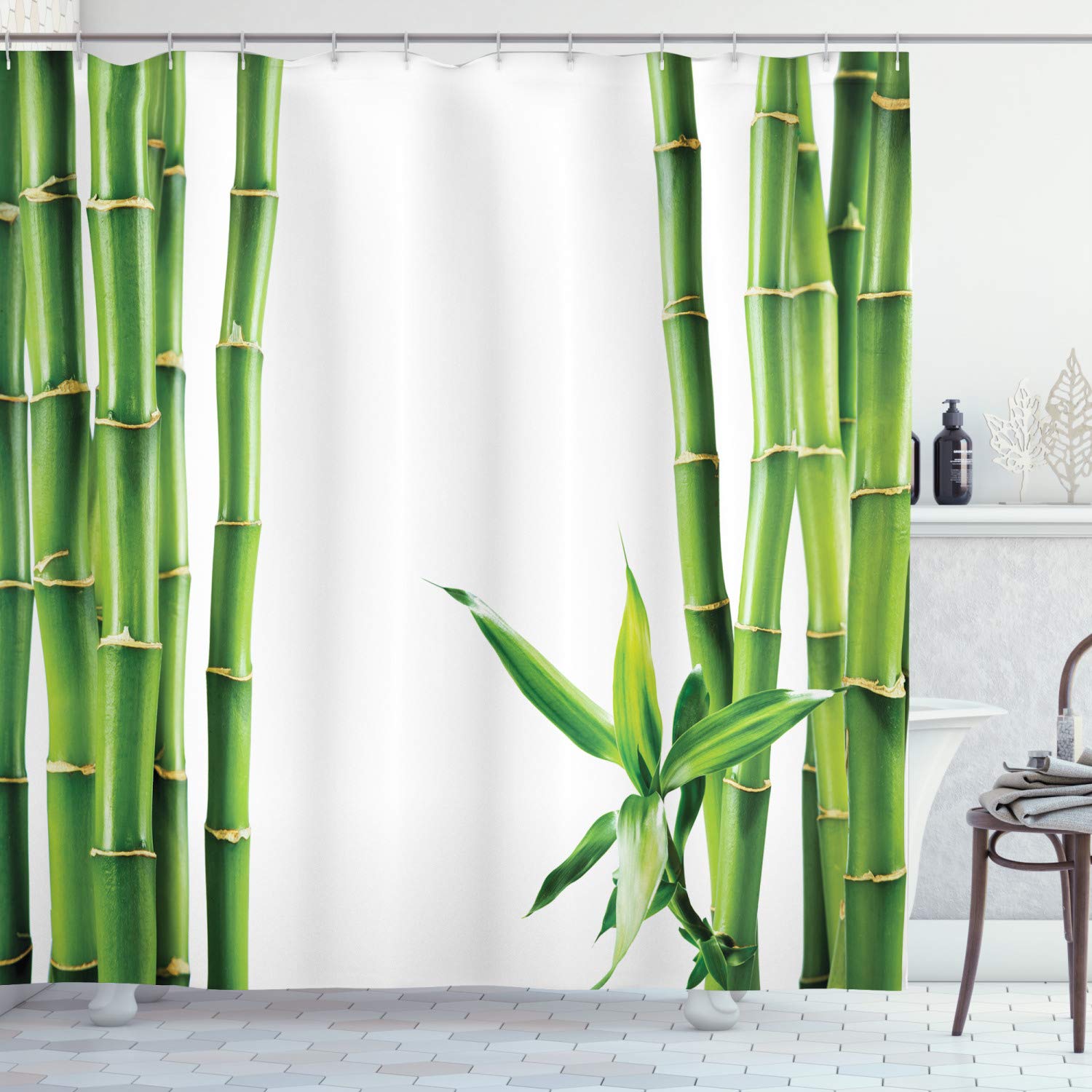 ABAKUHAUS Asian Shower Curtain, Branches of Bamboo Board Stalk Tropics Plants Greenery Fengshui Natural, Cloth Fabric Bathroom Decor Set with Hooks, 94 Inches, Fern Green White — image 1