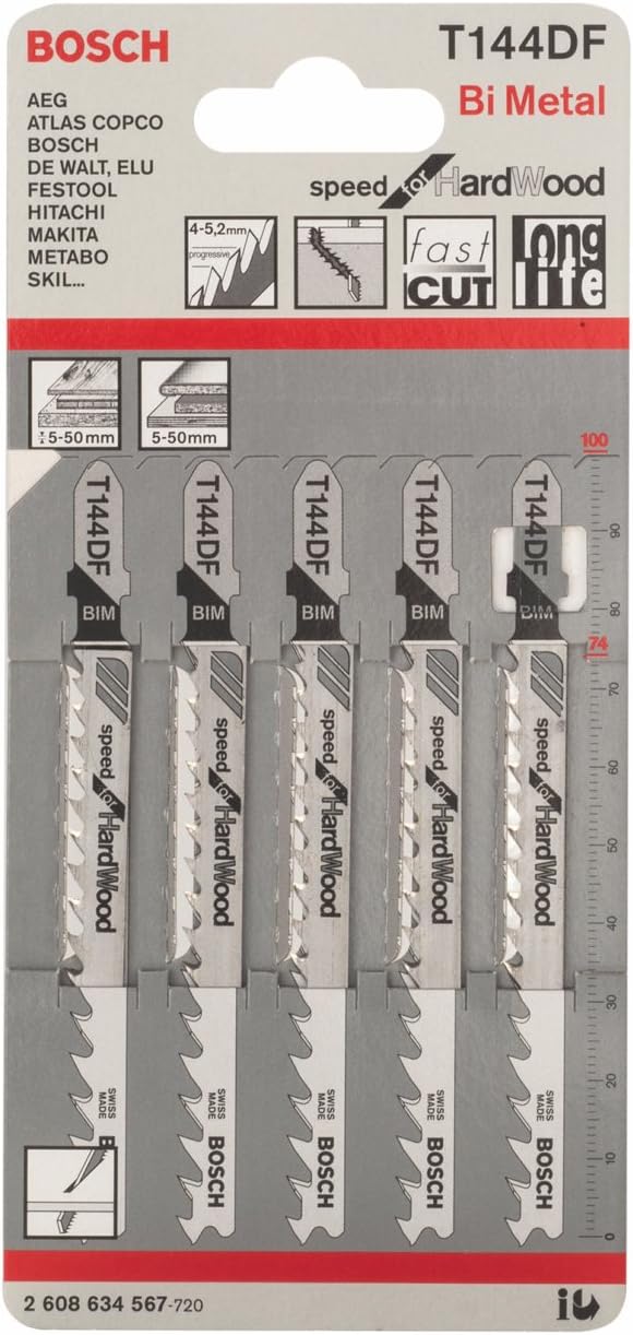 Bosch 5x PRO Hardwood Fast T144DF Jigsaw Blade (for Hardwood Chipboard, Length 100 mm, Professional Accessory Jigsaw)