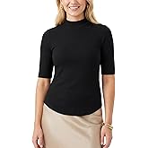 Zengjo Womens Mock Turtleneck Elbow Sleeve Tops - Fitted Stretch Ribbed Shirt for Work & Casual Wear
