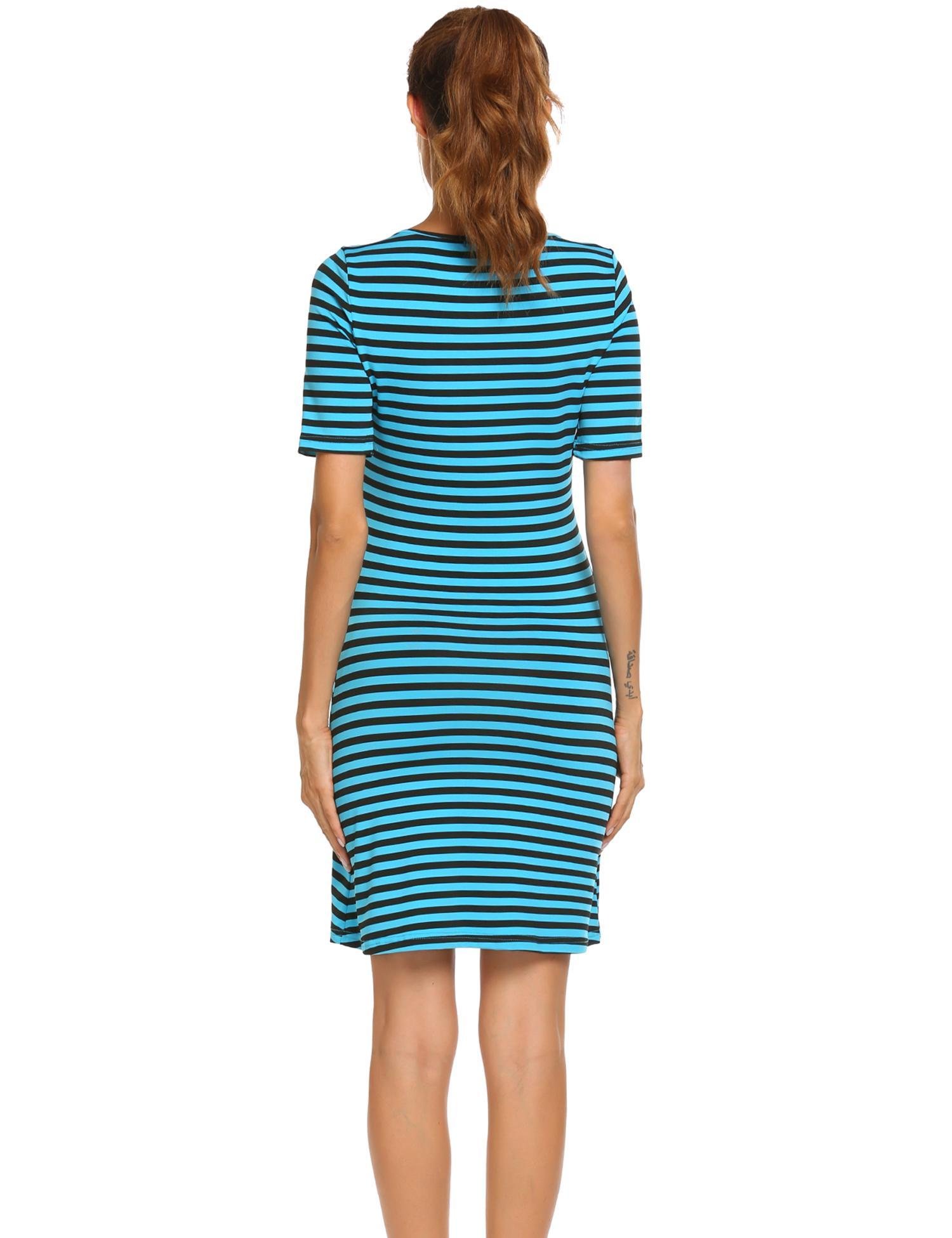 ACEVOG Damen Sommer kleid Casual V-Ausschnitt Kurzarm Streifen Shirt Jerseykleid Minikleid