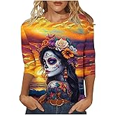 DÃa De Los Muertos Shirts for Women 2025 Mexican Day of Dead T-Shirts Skull Skeleton Print 3/4 Sleeve Tops Sweatshirt