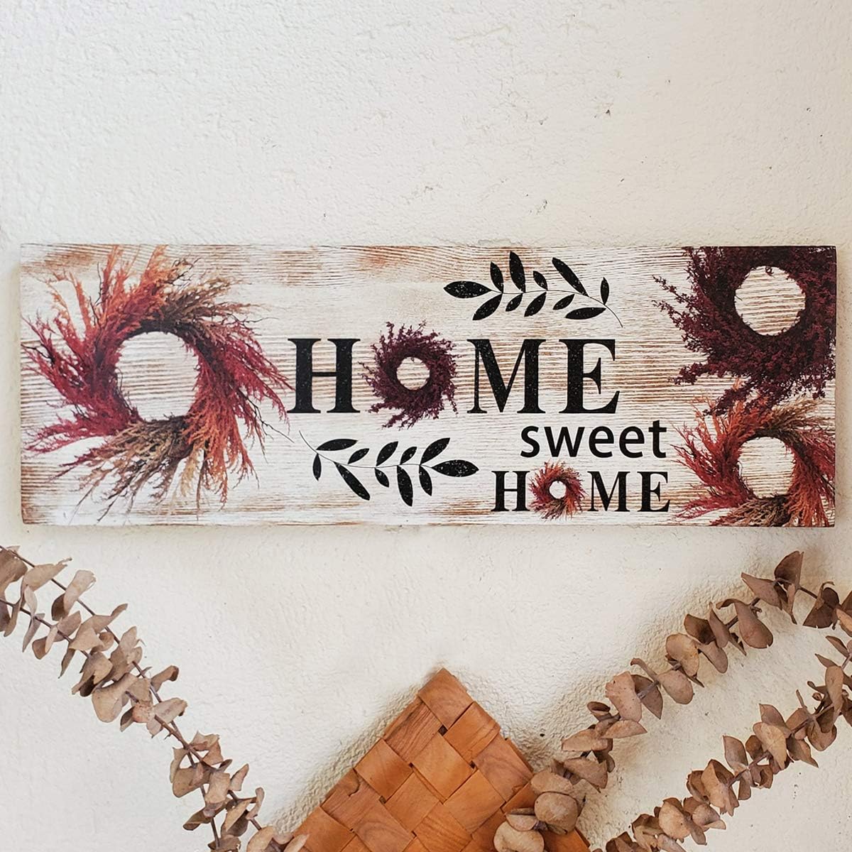 HLFMVWE Home Sweet Home Sign,Rustic Wooden Wall Sign Decor,Wreath Prints Farmhouse Home Decor Wood Plaque for Living Room