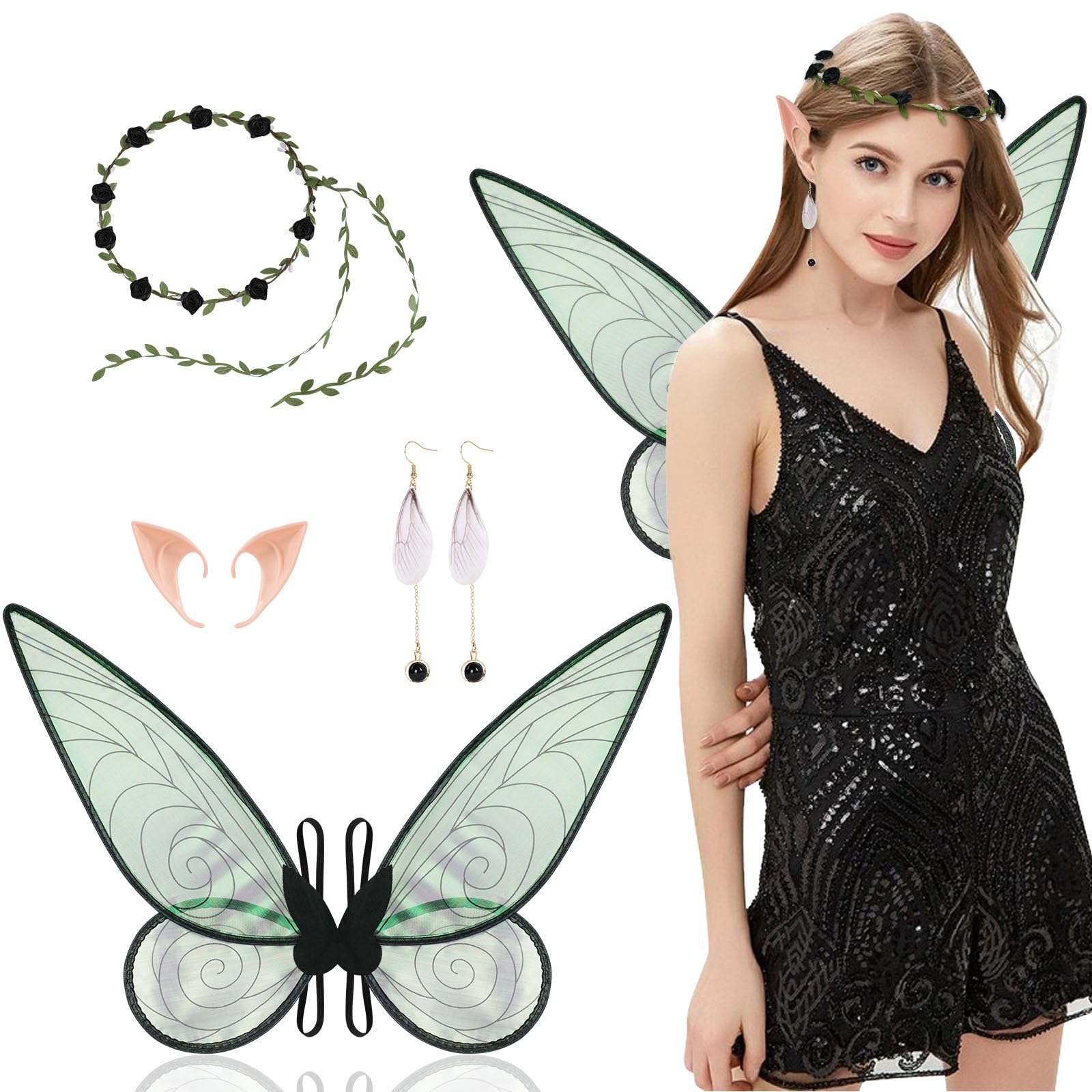 Aomig Fairy Wing, Butterfly Wings for Adults Women, Sparkling Sheer Wings with Flower Headband, Elf Ears and Earrings, Angel Wings Princess Fancy Dress Up Costumes for Halloween Party Cosplay