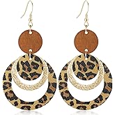 JIMARIN Handmade Bohemian PU Geometry Circle Dangle Drop Earrings Lightweight Nature Wooden Disc Leopard Print Hook Earrings For Women
