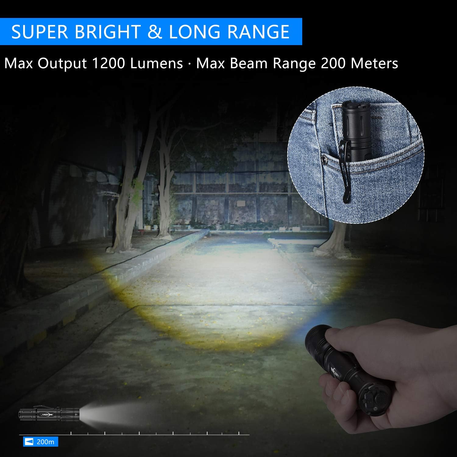 MIKAFEN Rechargeable LED Flashlight 1200 Lumens, IP7 Waterproof, 3 Modes, High Lumen Tactical Flashlight (18650 Battery Include) - - 