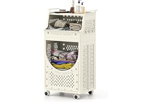 Giantex 3-Tier Rolling Laundry Cart with wheels, Folding Laundry Basket with 2 Baskets, 6 Hanging Hooks, Laundry Hamper Cart 