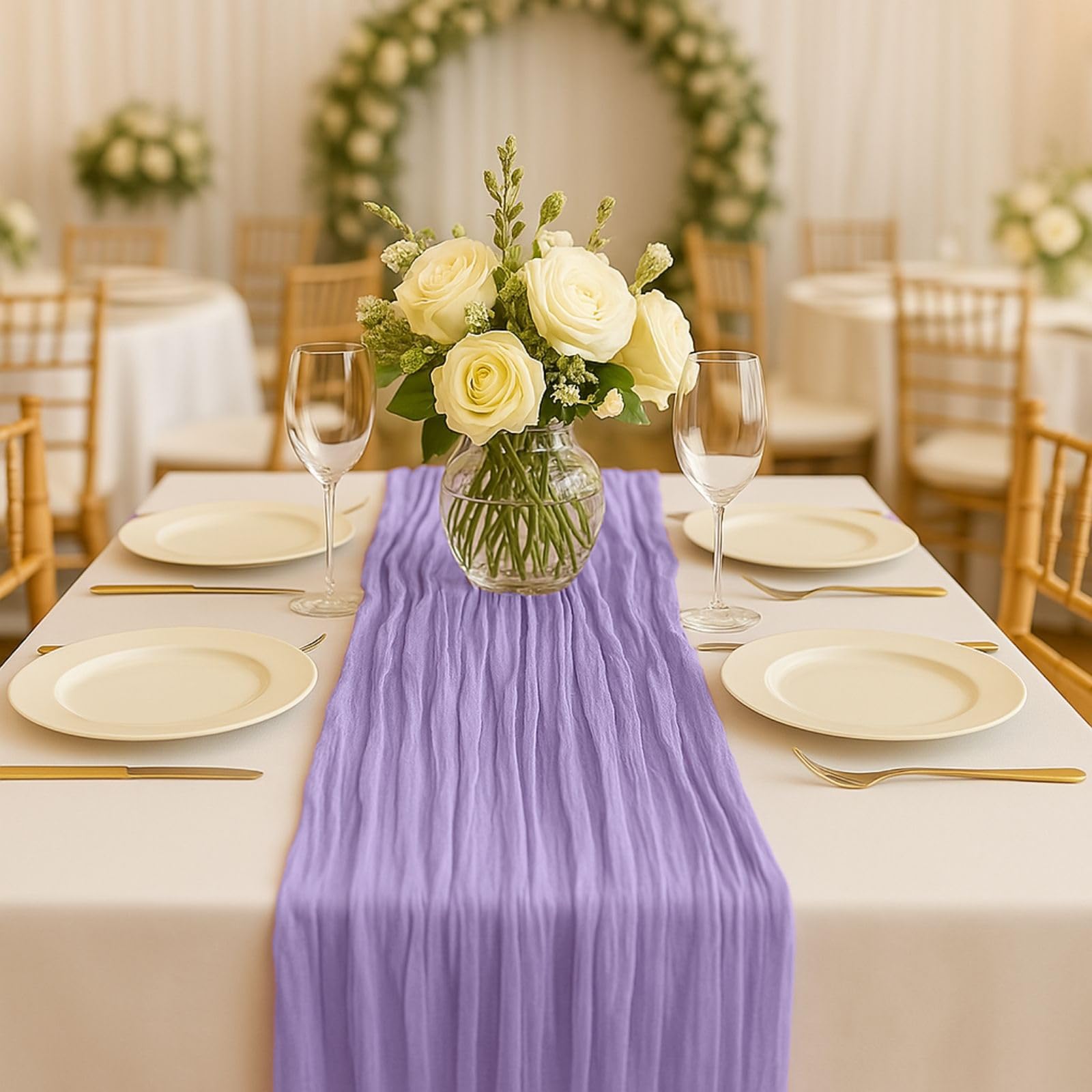Photo 1 of 10FT Lilac Purple Cheesecloth Table Runner 120 Inch Rustic Boho Gauze Cheese Cloth Table Runner for Wedding Baby Shower Bridal Shower Birthday Party Home Decorations