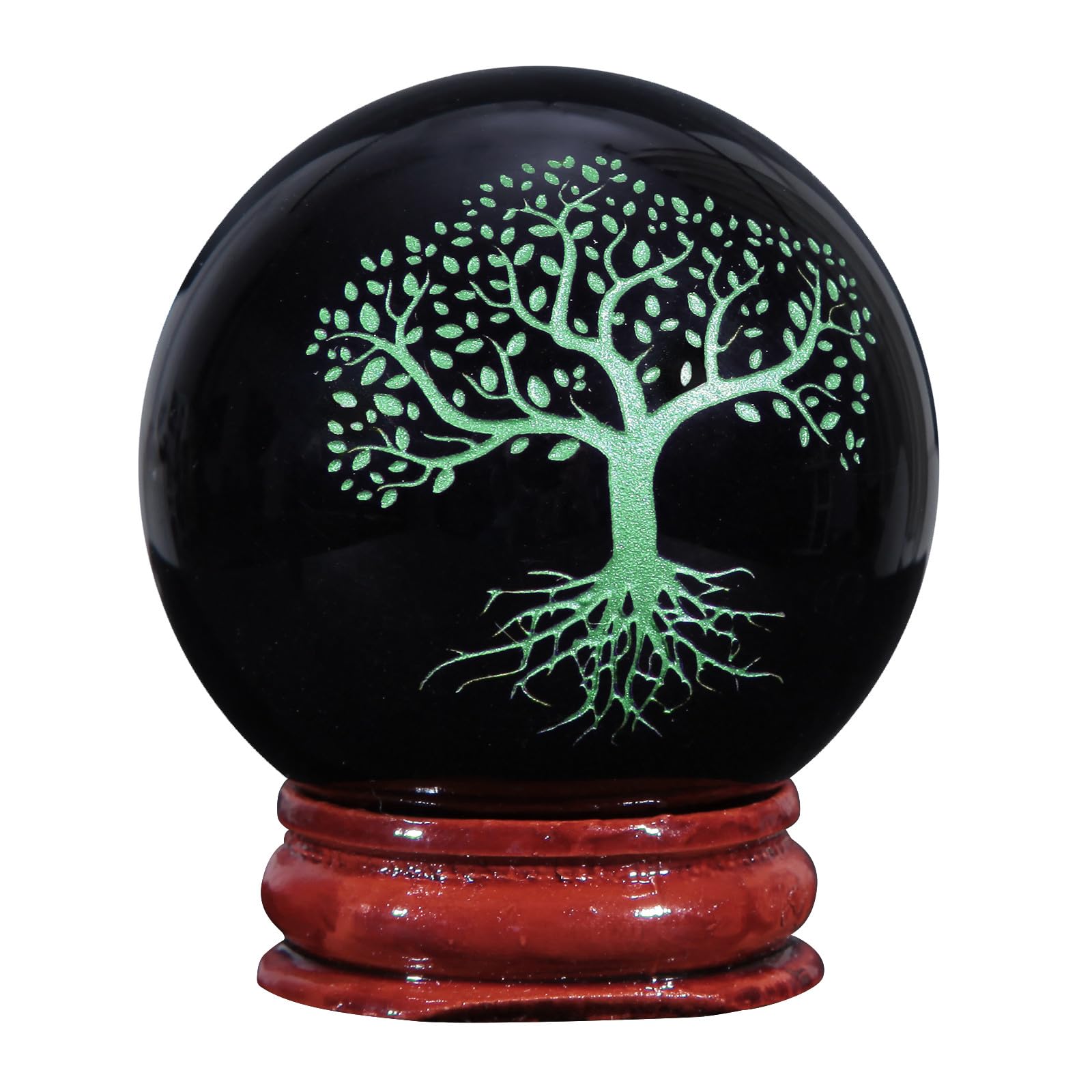 Nupuyai 1.9" Engraved Symbol Obsidian Crystal Ball with Stand, Polished Feng Shui Crystal Sphere Stone Ornament Home Office Decor, Tree of Life, Green