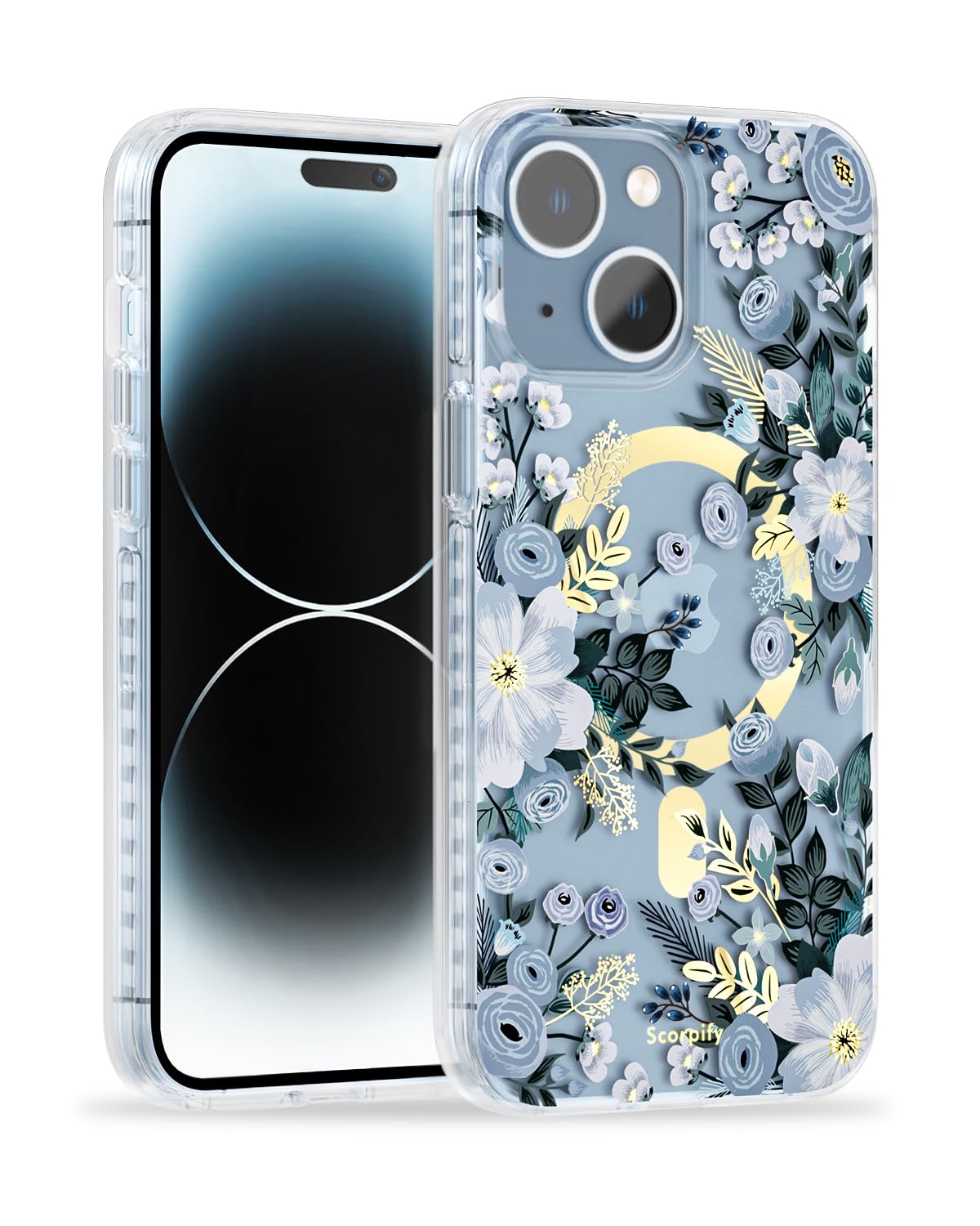 SCORPIFY for iPhone 15 Case [Compatible with MagSafe] with Blue Nemophila Floral Design, Cute Clear Flower Magnetic Phone Cover for Women Girls, [Non Yellowing] Slim Bumper with Gold Accents — image 1