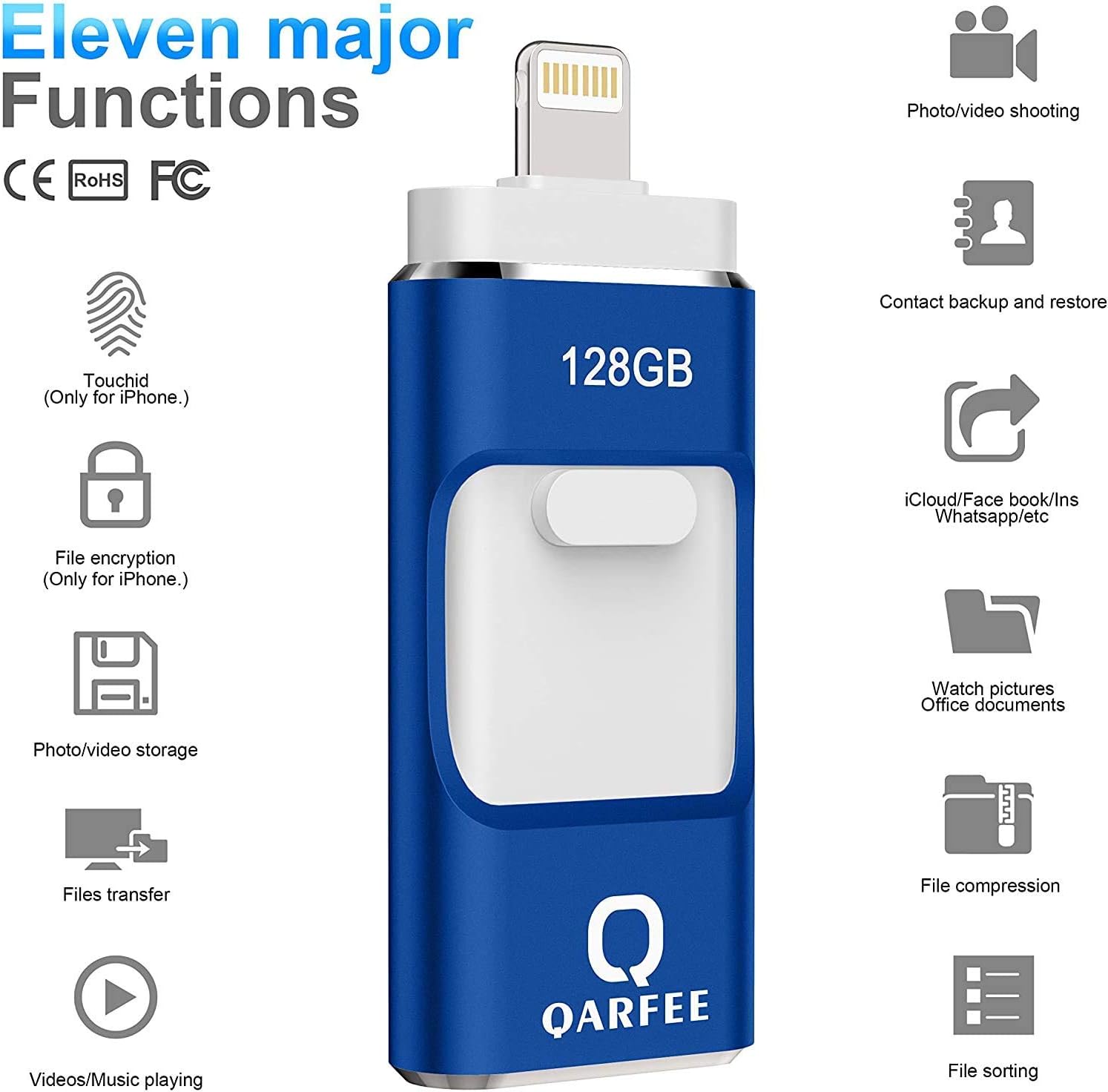 QARFEE iPhone Photo Stick USB Flash Drive for iPhone 128GB Memory Stick