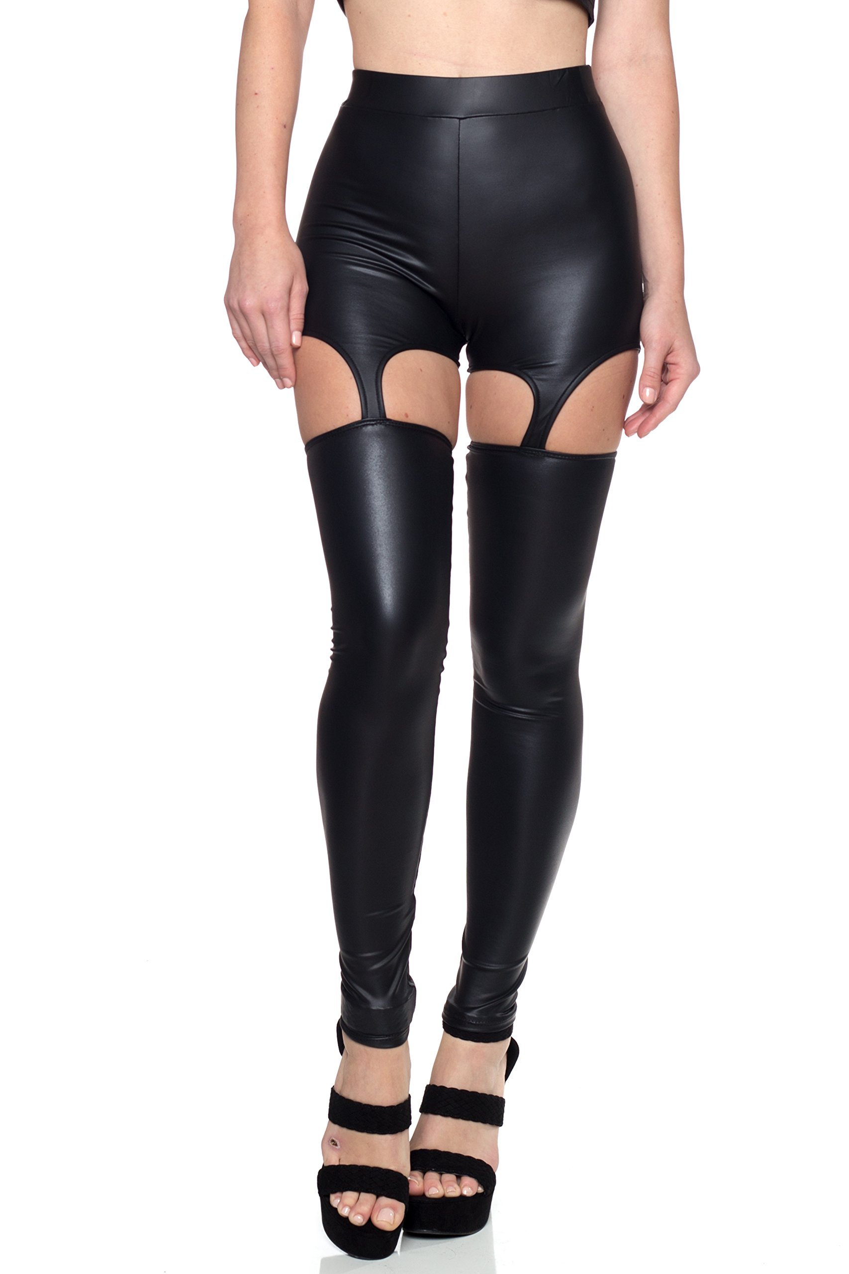 J2 Love Womens Faux Leather Garter Strap Cut Out Leggings