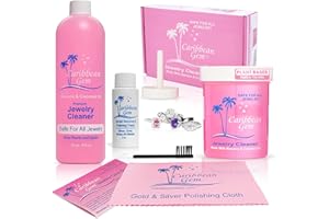 Caribbean Gem Jewelry Cleaner 16oz & 8oz, Basket, Brush, Polishing Cream & Polishing Cloth - Jewelry Cleaning Kit for All Gold, Silver, Diamonds, Rings, Necklaces, Gems, Precious Stones & Metals