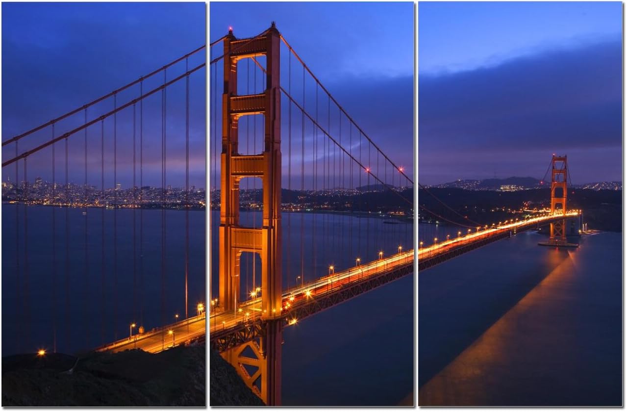 San Francisco Wall Art Decor - 3 Piece Set, Decorative Framed Golden Gate Bridge Canvas Art Multi Panel Split Prints for Living Room, Kitchen, Bedroom, Office & Home Decor Gift