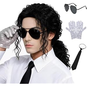 FYXZHUO Men's 70s 80s Costume Wig with Glove Tie and Sunglasses Black Long Curly Mullet Ponytail Synthetic Rocker Wigs for Co