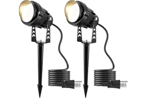 KOOPLICHT Warm White Spot lights Outdoor, 12W 3000K Landscape Spot Lights, IP65 Waterproof Garden Lighting, Metal Case COB LED Lights for Lawn Lamp US 3- Plug Yard Christmas Decoration with Stakes(2 Pack)