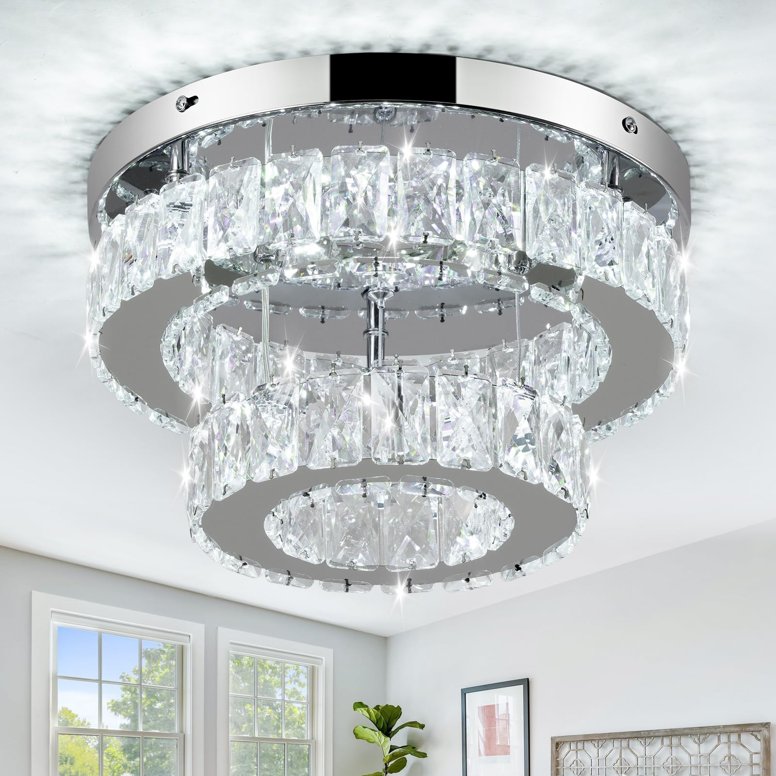 Photo 1 of 11.8 Inch Modern Mini Crystal Chandelier LED Flush Mount Ceiling Light - 2 Layer K9 Crystal, Small Chandelier for Bedroom, Hallway, Kitchen, Bathroom, Closet, Dining Room (Cool White)