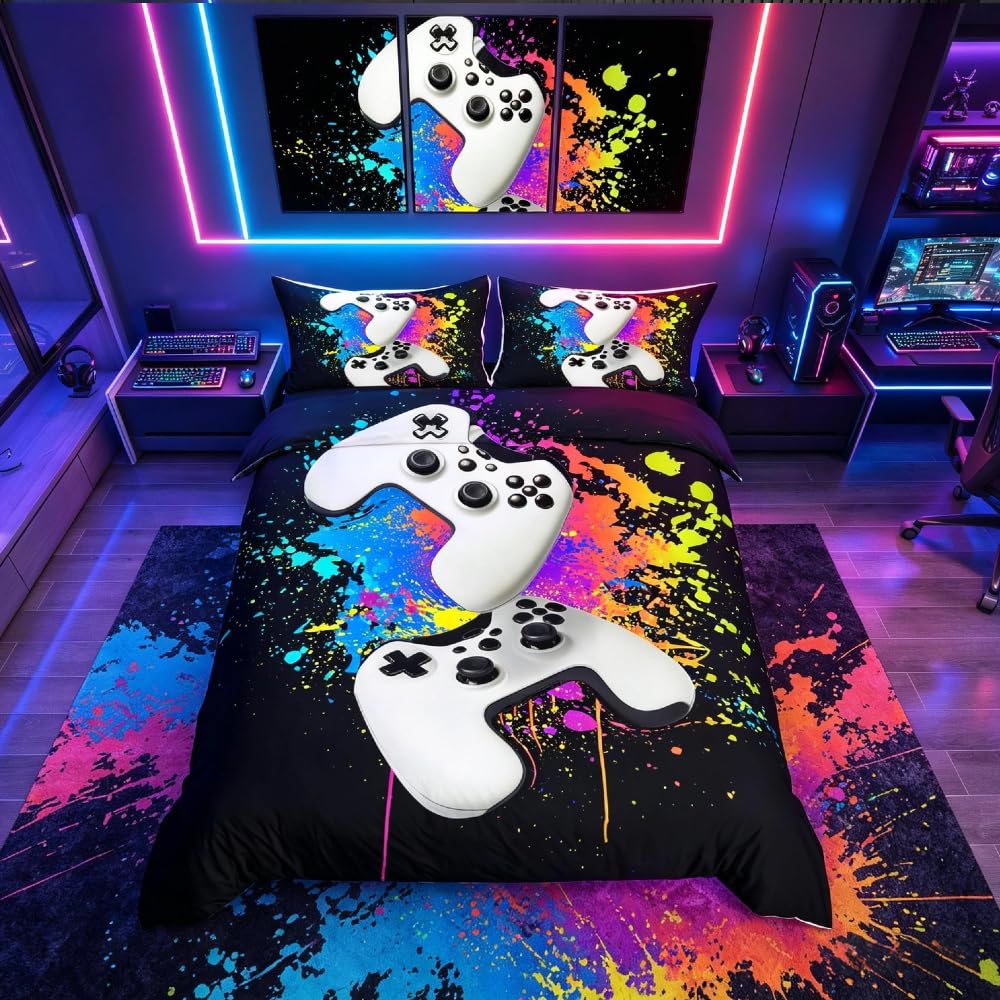 Teens Gamepad Bedding Set Kids Modern Gamer Comforter Cover Boys Girls Video Game Controller Duvet Cover Gaming Console Bedspread Cover Double Size 3Pcs Watercolor Tie Dye Bedroom Decor Zipper — image 1