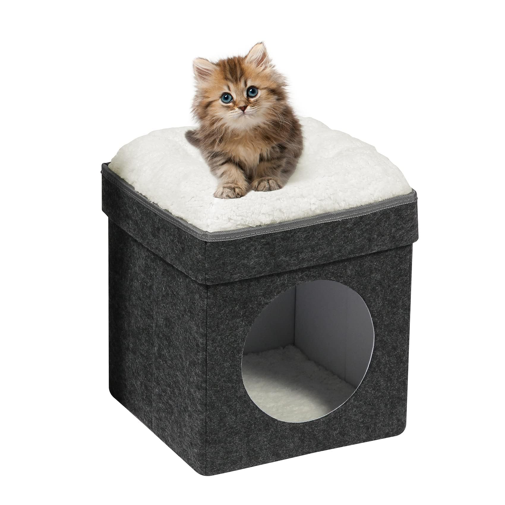 Bonlife Winter Small Cat House Indoor,Foldable Felt Pets Bed Cave Kennel,Cat Condo with Lids,Cat Hideaway Warm Comfortable,Dark Grey,32X32X39CM