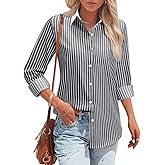 Striped Button Down Shirts for Women Cotton Dress Shirt Long Sleeve Collared Blouse Tops Business Office Attire