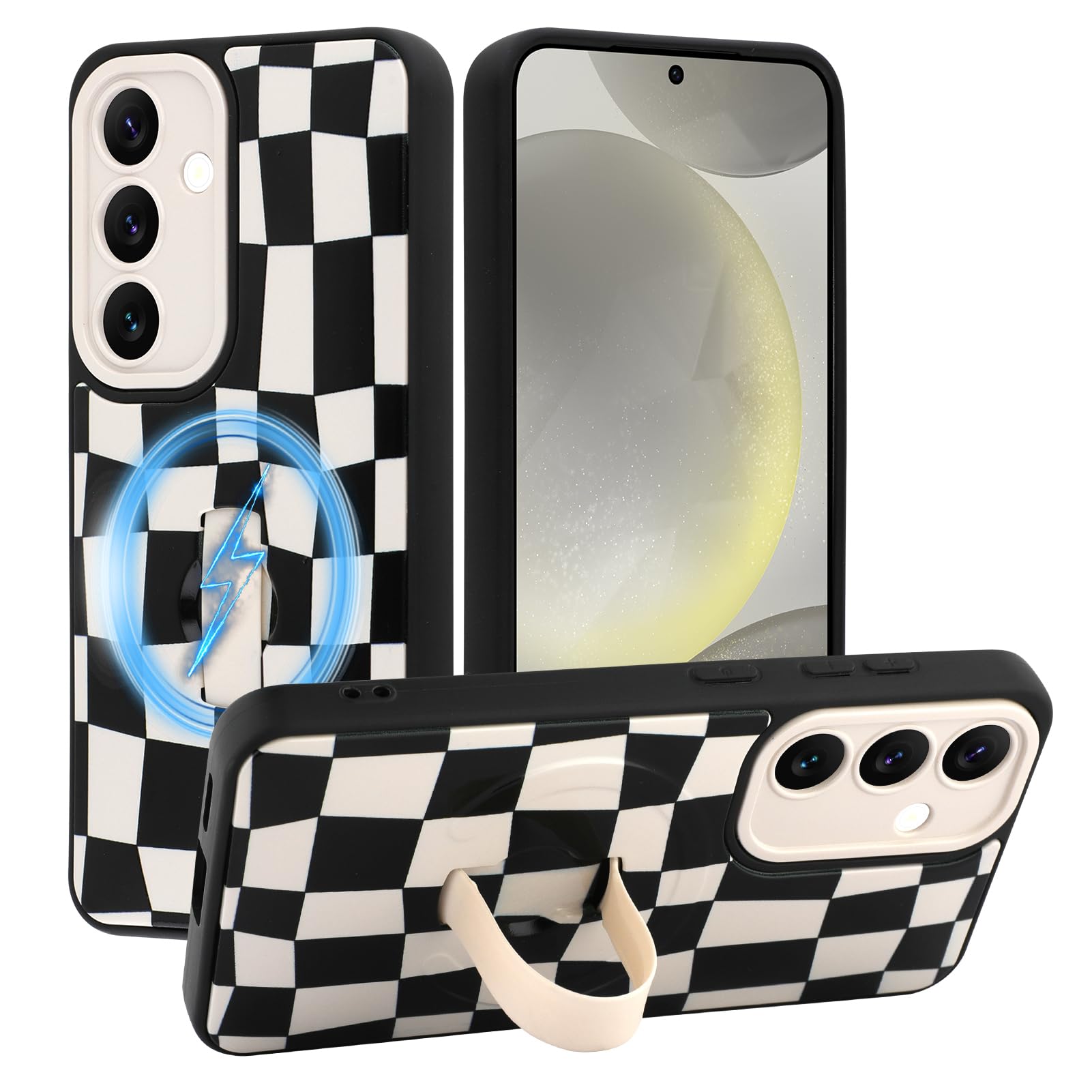 SOKAD Magnetic Checkered Case for Samsung Galaxy S24 with Finger Strap Kickstand, Compatible with Magsafe, Cute Checkerboard Pattern for Women Men, Full Camera Protection Cover, Black & White