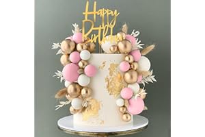 DRWATE Pink Balls Cake Topper Boho Grass Cake topper Pink White Gold Pearl Balls Happy Birthday Cake Decorations for Wedding Baby Shower Birthday Boho Themed Party Supplies (Pink)