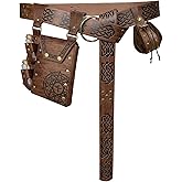EpicCos 3PCs Alchemy Belt Bag Set, Vintage Embossed Belt with Fantasy belt Pouch Dice Bag, Medieval accessories for Ren Faire (Brown A)