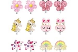 WINGCHOLD 6Pairs Unicorn Flower Clip On Earrings for Little Girls, Toddler Butterfly Clip On Jewelry Rainbow Earrings Kids Dress Up Jewelry