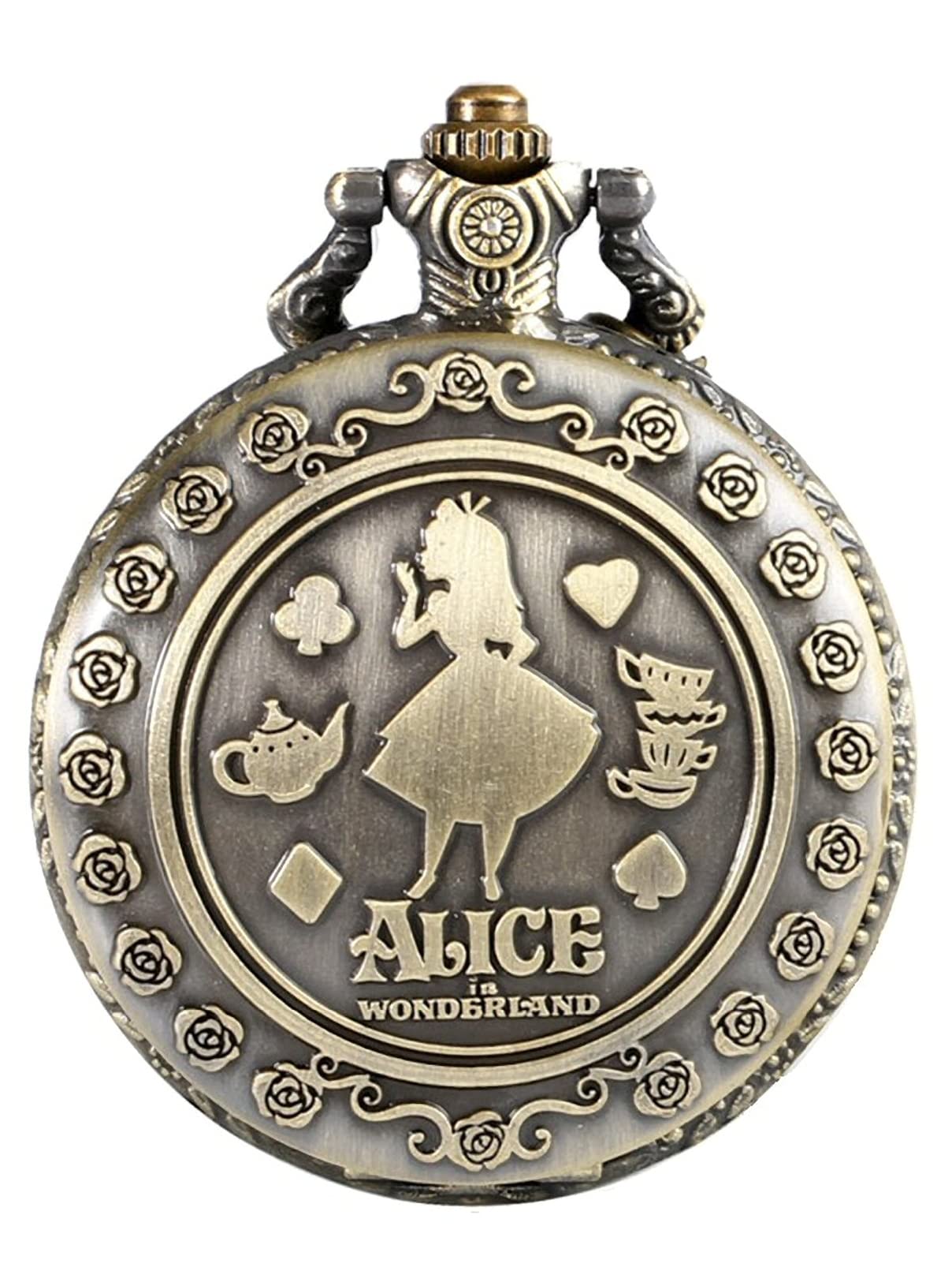 Designer Inspirations Boutique ® Alice in Wonderland Brushed Bronze Effect Antiqued/Vintage Case Women's Quartz Pocket Watch Necklace - On 32" Inch / 80cm Chain
