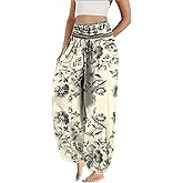 domirica Beach Pants for Women Floral Oversized Cotton Casual Yoga Knee Length Capri Summer Soft High Waist Casual Pants