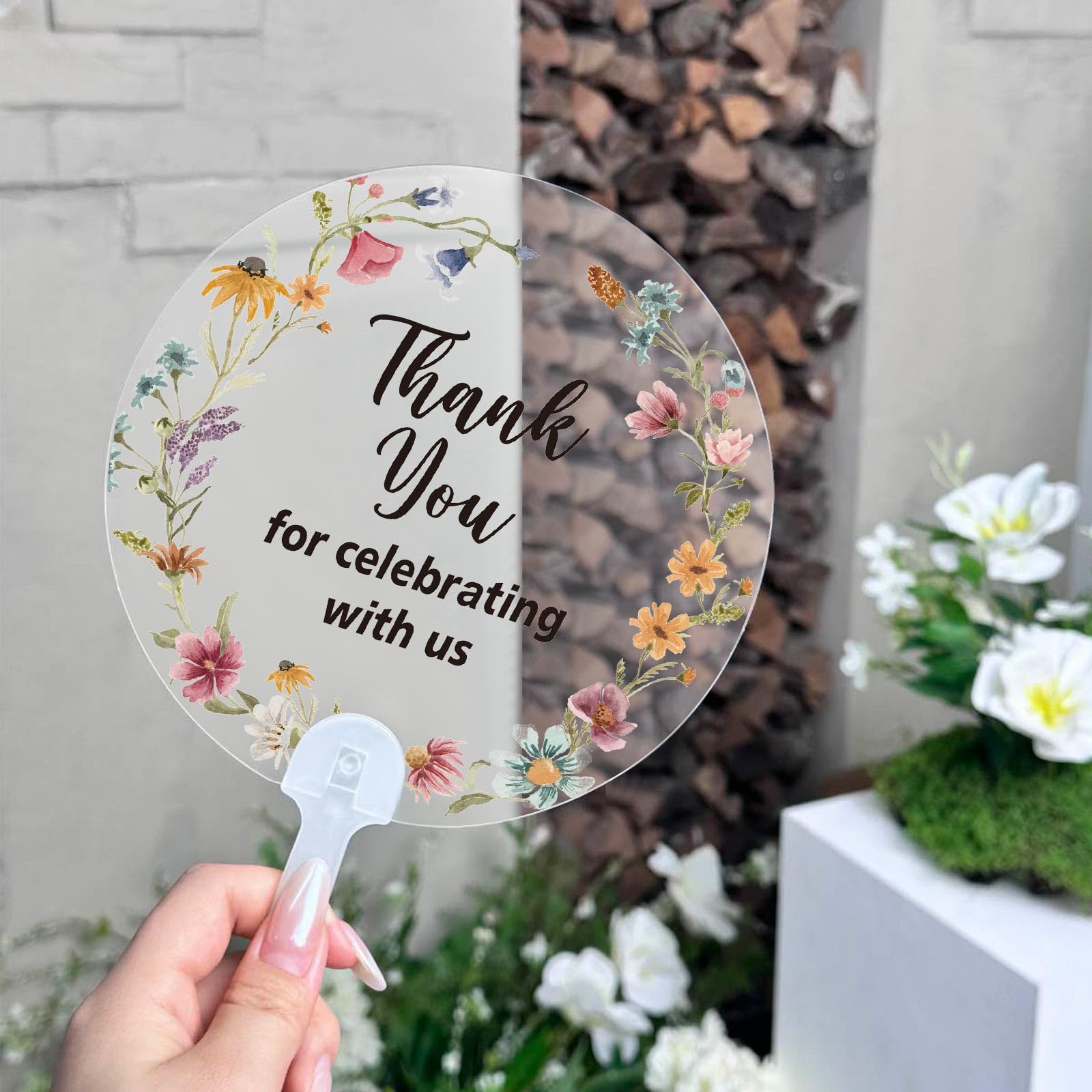 Photo 1 of Geelin 50 Pcs Wildflower Wedding Fans Bulk for Guests Clear Acrylic Bridal Shower Handheld Favor Fans Summer Hot Outdoor Ceremony Wedding Bridesmaid Gift for Baby Shower