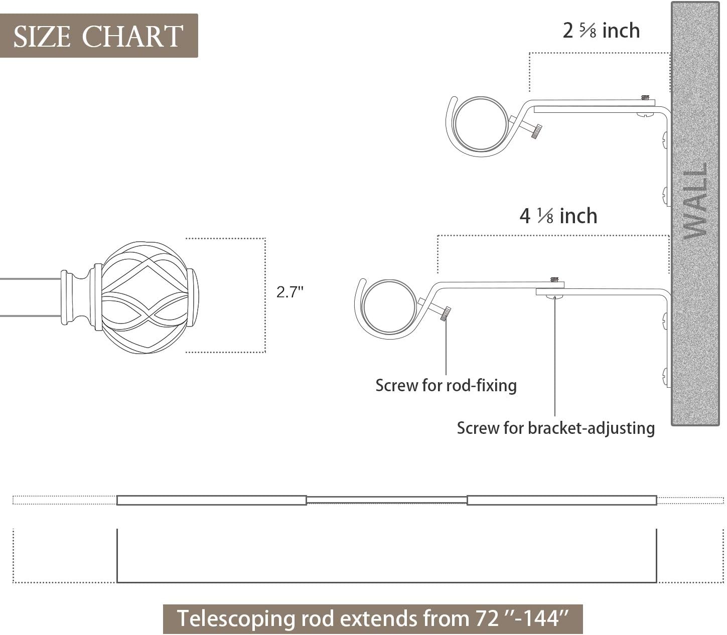 KAMANINA 1 Inch Curtain Rod Single Drapery Rod 72 to 144 Inches, Netted Texture Finials, Antique Bronze: Home & Kitchen