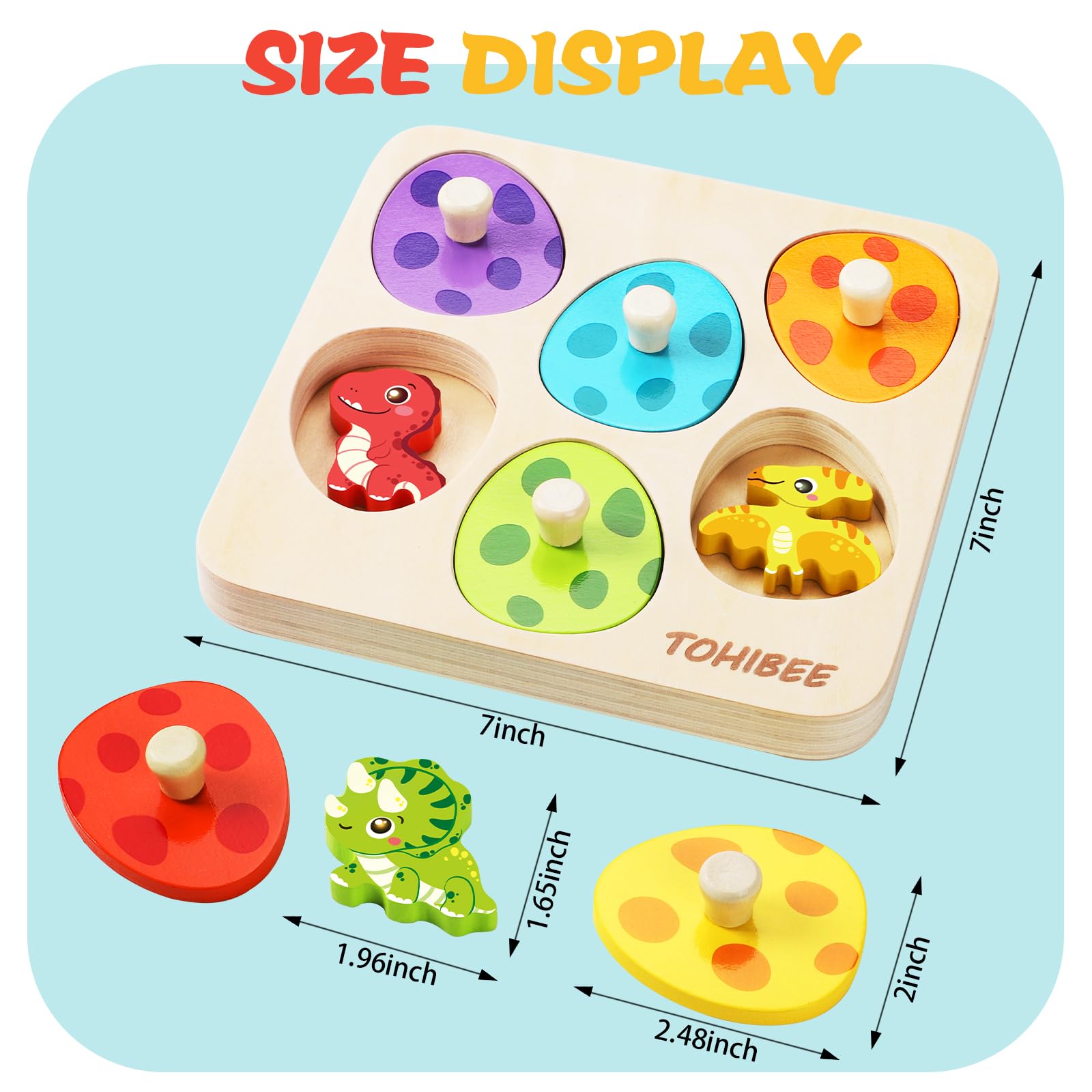 TOHIBEE Wooden Puzzles Montessori Toys for Toddlers 1-3, Dinosaur Eggs Peg Puzzles, Preschool Education Learning Toys for Boys and Girls, 6 Brightly Color Cute Dinosaur Shapes