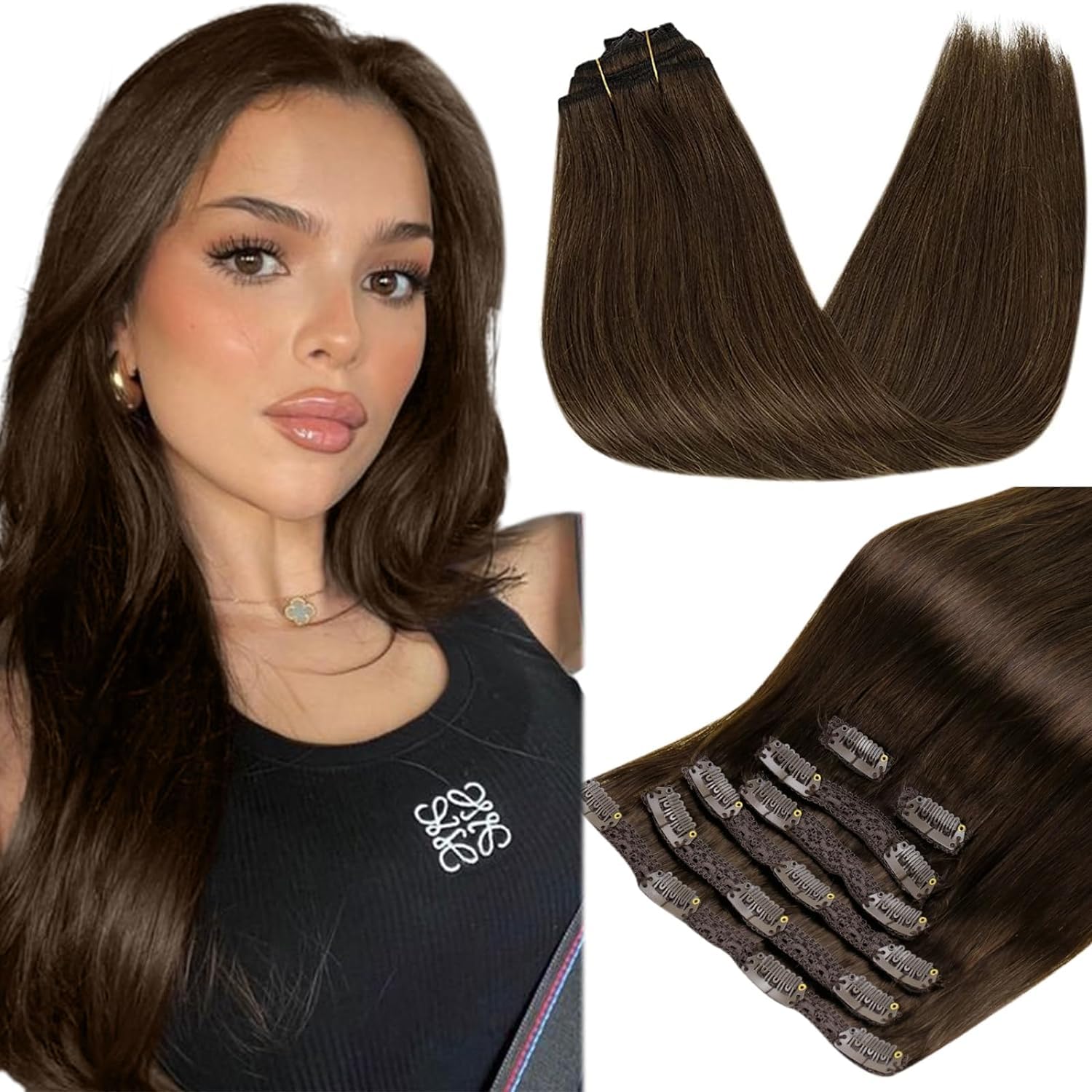RUNATURE Brown Hair Extensions Clip in Real Hair Double Weft Clip on Hair Extensions Real Human Hair Long Clip in Extensions Brown Human Hair 22 Inch 120 Gram 7PCS — image 1