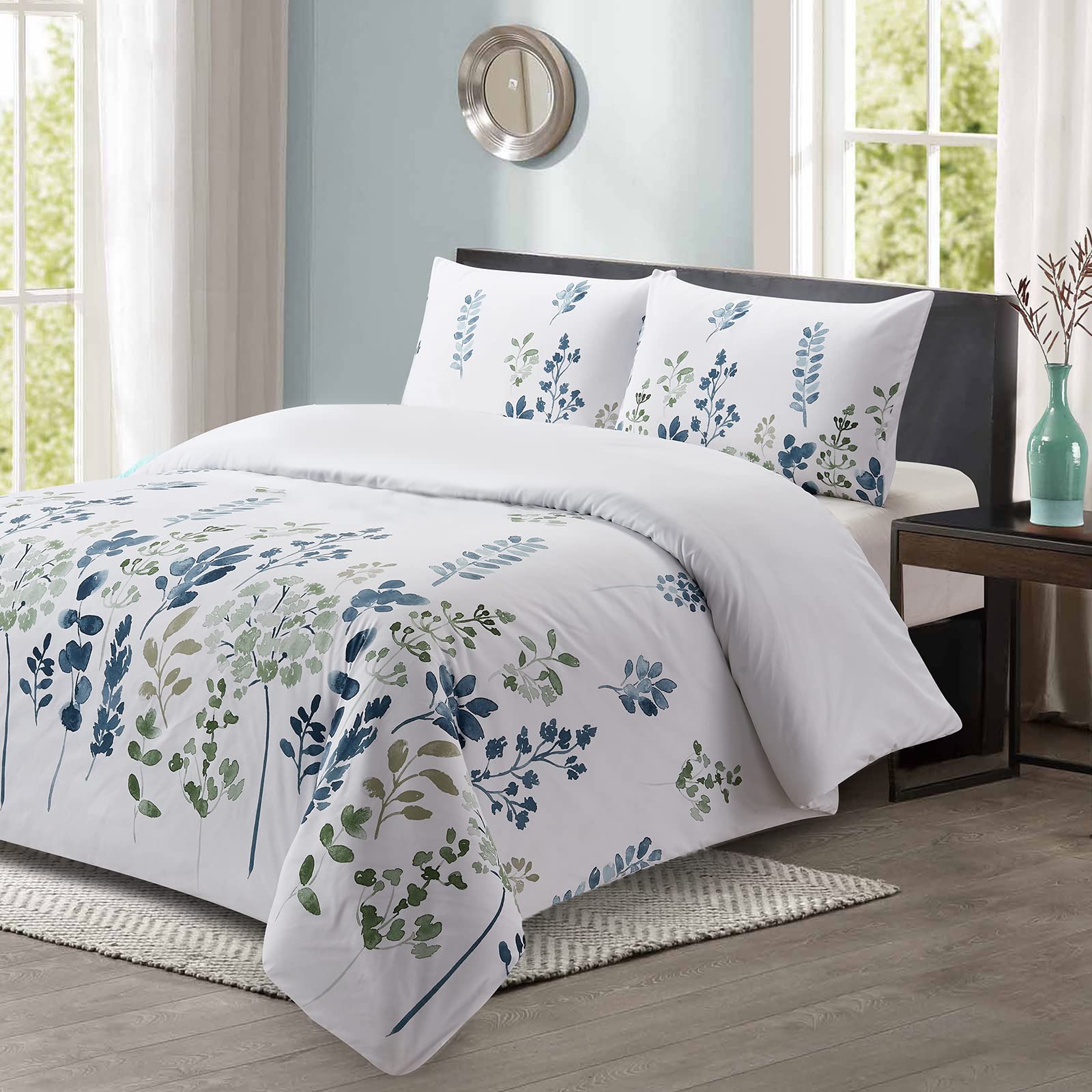 Style Quarters 100% Polyester Floral Blue Duvet Cover Queen with 1 Duvet Cover and 2 Pillow Shams (King)
