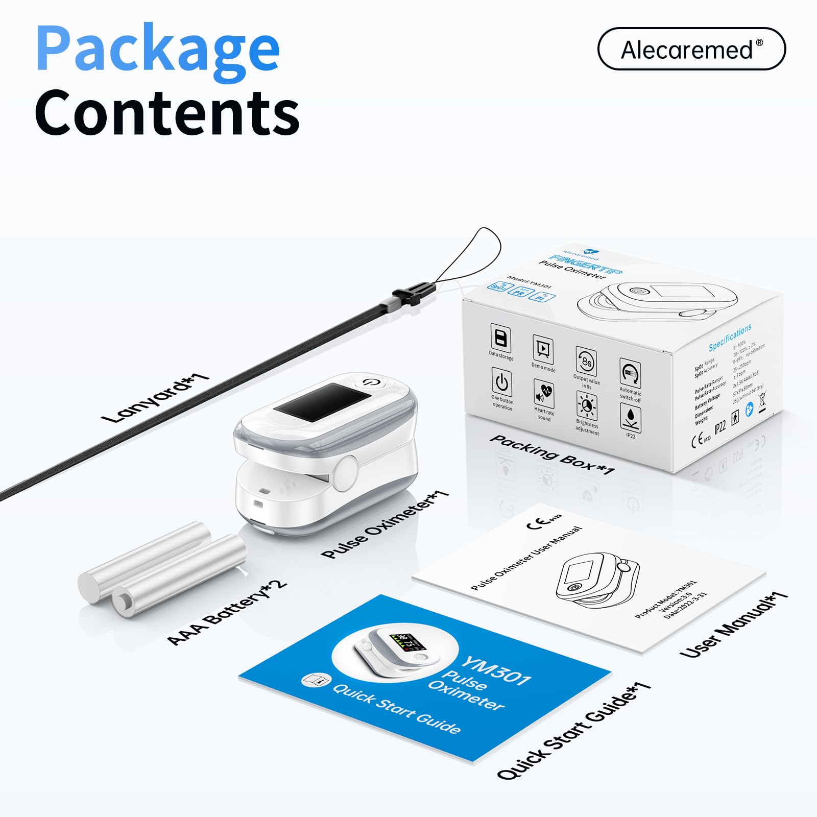 Pulse Oximeter, 4 Color TFT Display Oxygen Monitor Fingertip with 20 × Memory, Blood Oxygen Saturation Monitor (SpO2) with Alarm, Batteries and Lanyard (White)