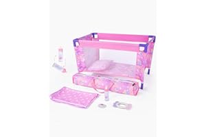 BABESIDE Baby Doll Crib Playset with Bedding & Accessories, Portable Foldable Baby Doll Crib for 18 Inch Dolls, Pretend Play 