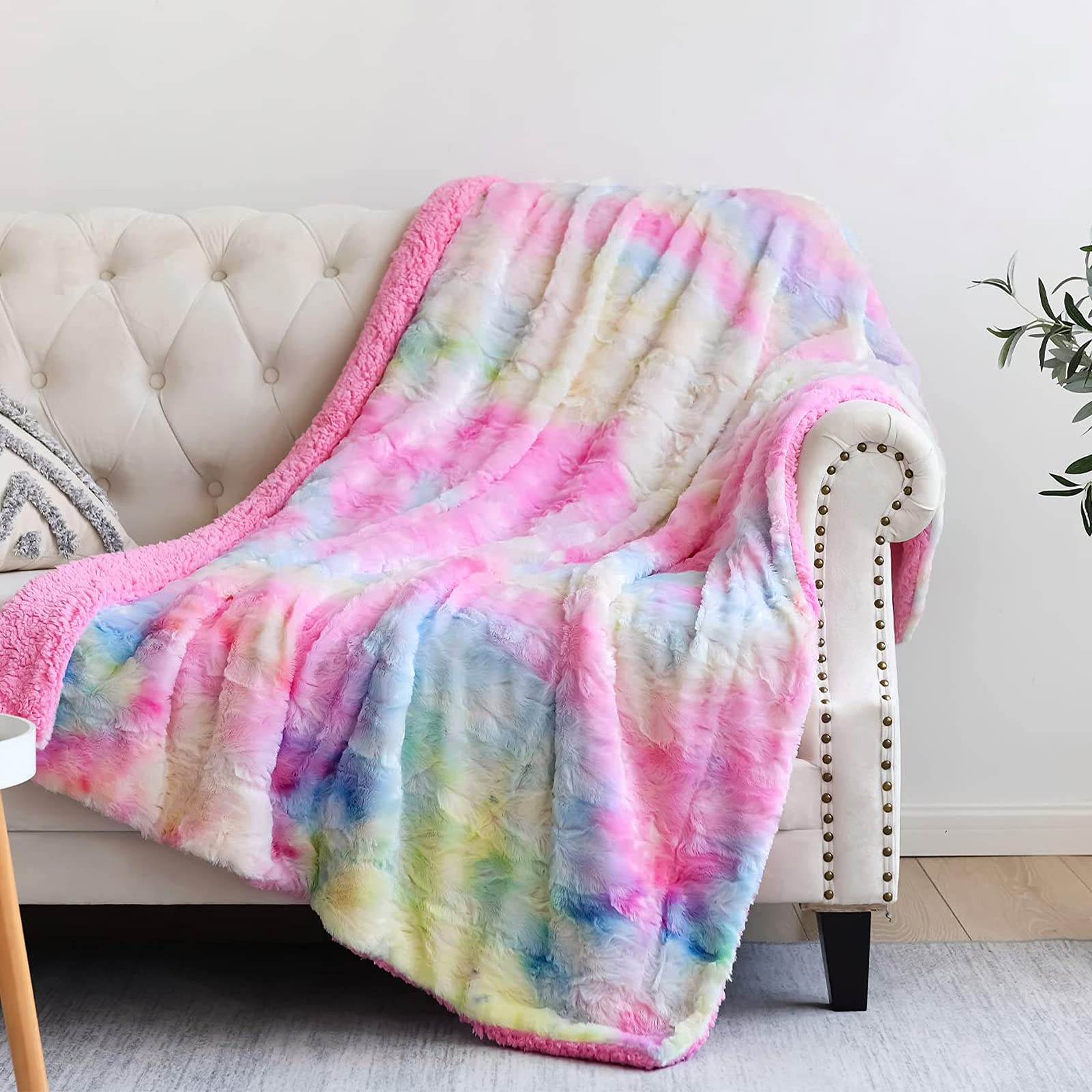 NEWCOSPLAY Super Soft Faux Fur Throw Blanket for Couch Light Rainbow Sherpa Fuzzy Plush Warm Blanket for Sofa Bed (Light Rainbow, Throw(50"x60")) — image 1