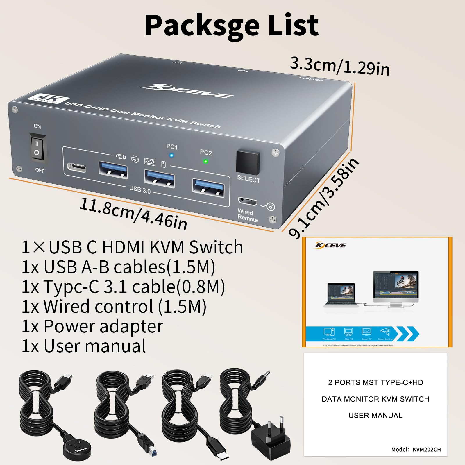 4K@60Hz USBC HDMI KVM Switch 2 PC 2 Monitore für 1 Laptop und 1 Desktop, Dual Monitor KVM Switch mit 4 USB 3.0 Ports, 73W PD Laden, mit Kabelfernbedienung, Netzadapter und USB-C Kabel 9