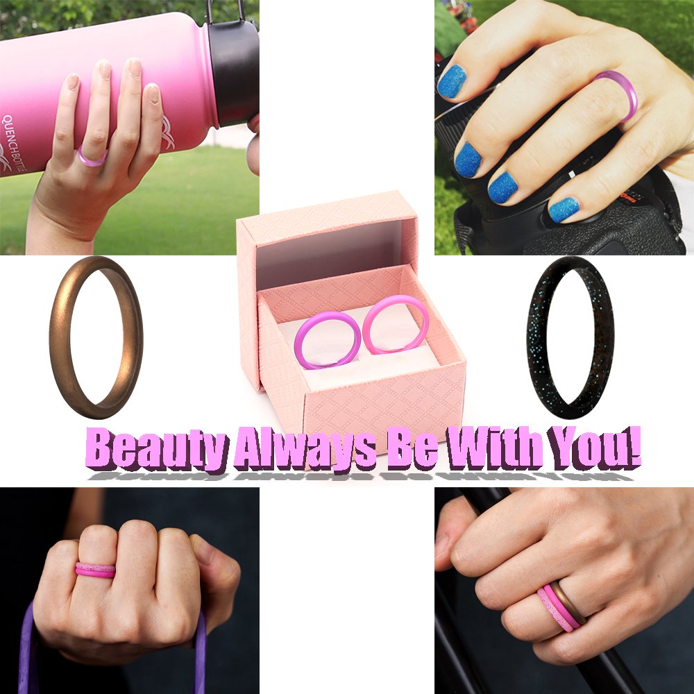 CLAN-X Stackable Silicone Rings, 8 Pack & Singles Silicone Wedding Bands for Women&Men - Diamond Pattern By (pink green black, 9)