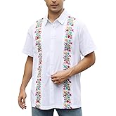 Mexican Shirts for Men Guayabera Embroidered Traditional Fiesta Button Up Collared Short Sleeve Shirt